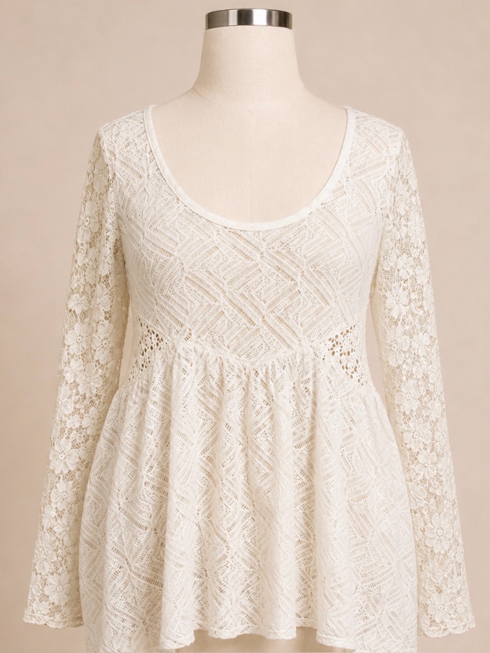 Free People Ivory Lace Babydoll Tunic Top Small Boho Bell Sleeve Crochet